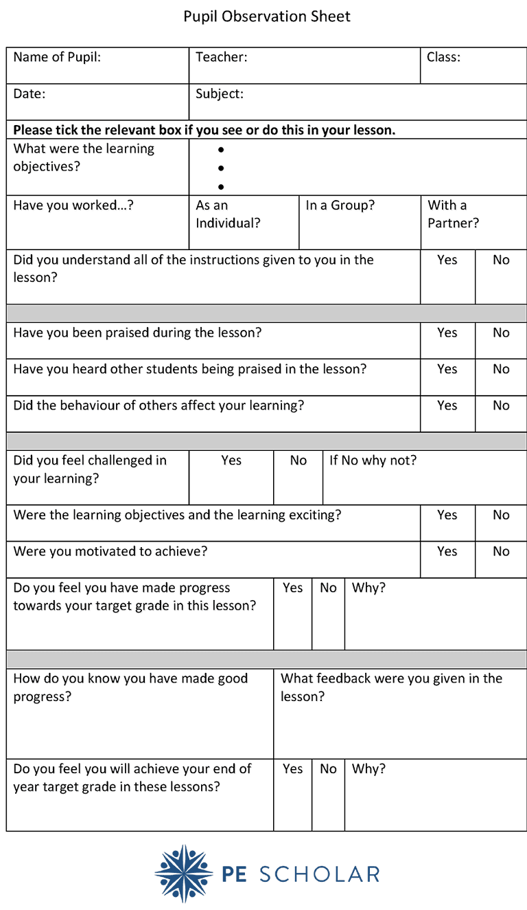 Access The Pupil Observation Sheet Resource - PE Scholar