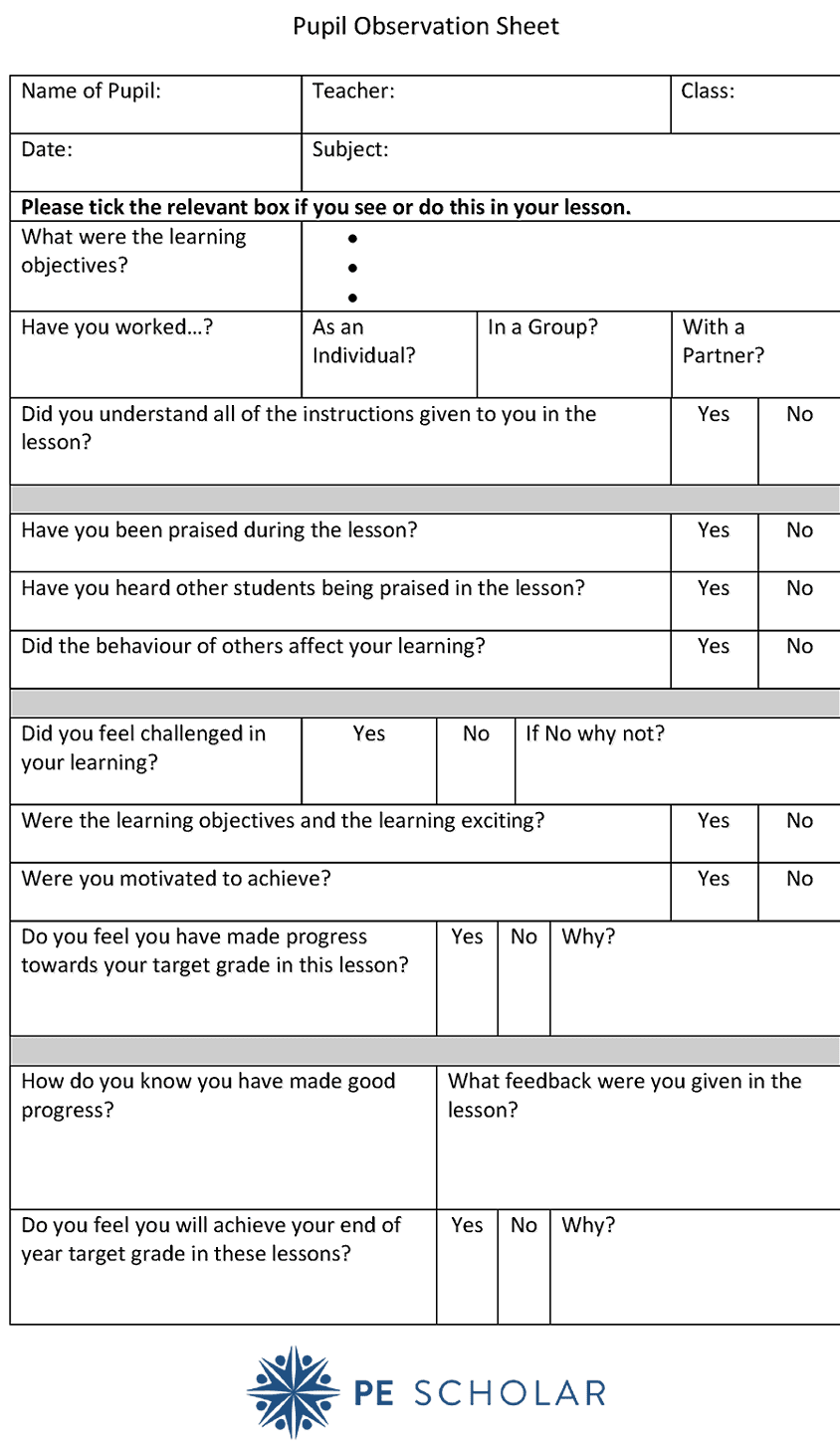 Pupil Observation Sheet - PE Scholar