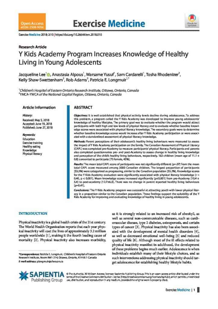 Y Kids Academy Program Increases Knowledge of Healthy Living in Young Adolescents