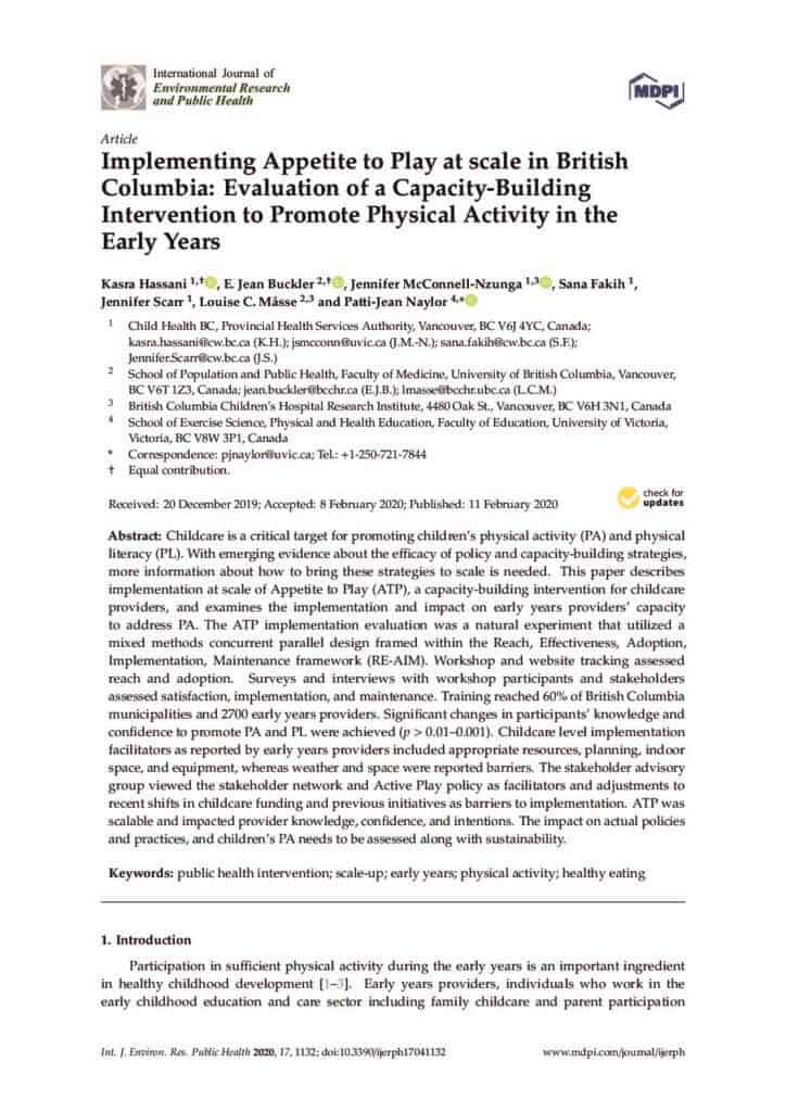 Implementing Appetite to Play at scale in British Columbia: Evaluation of a Capacity-Building Intervention to Promote Physical Activity in the Early Years