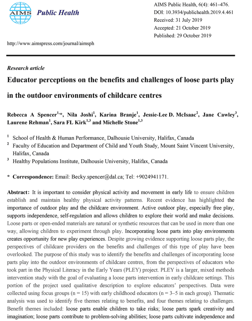 Educator perceptions on the benefits and challenges of loose parts play in the outdoor environments of childcare centres