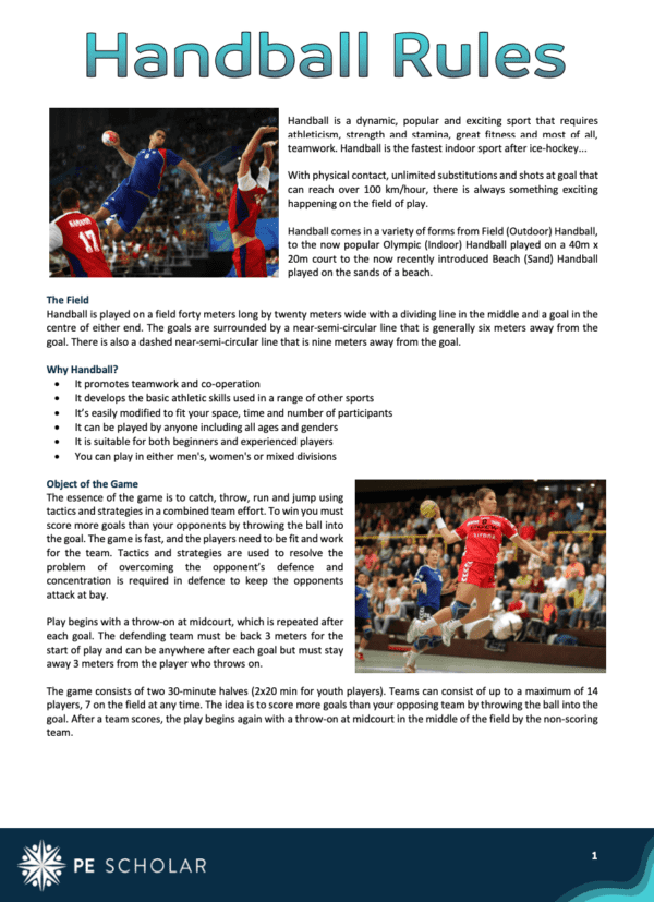 Handball Rules And Information Resource Card - PE Scholar