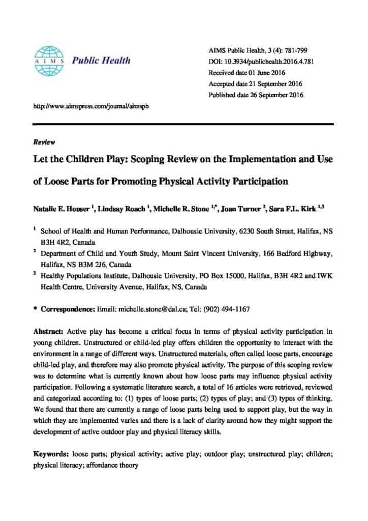 Let the Children Play: Scoping Review on the Implementation and Use of Loose Parts for Promoting Physical Activity Participation