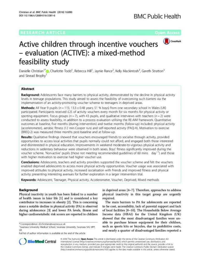 Active children through incentive vouchers - evaluation (ACTIVE) - a mixed-method feasibility study