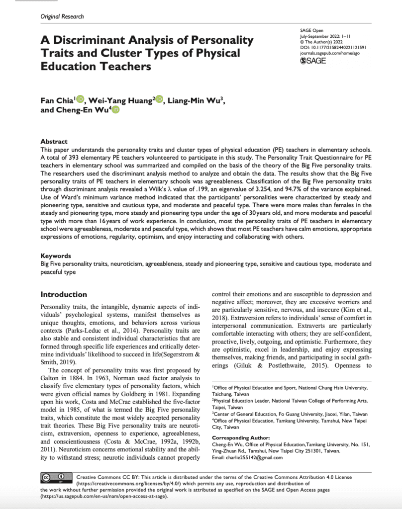 A Discriminant Analysis of Personality Traits and Cluster Types of Physical Education Teachers