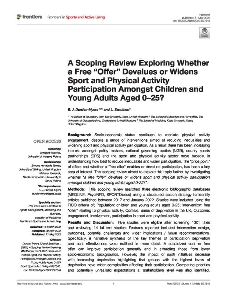 A Scoping Review Exploring Whether a Free “Offer” Devalues or Widens Sport and Physical Activity Participation Amongst Children and Young Adults Aged 0–25?