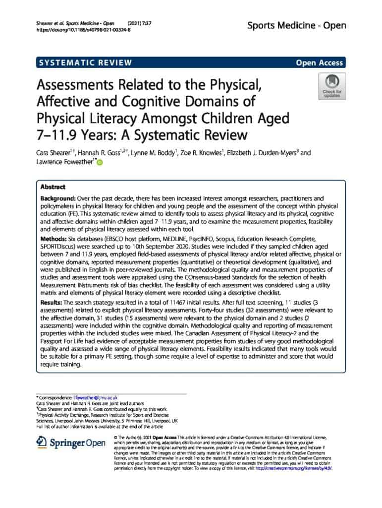 Assessments Related to the Physical, Affective and Cognitive Domains of Physical Literacy Amongst Children Aged 7–11.9 Years: A Systematic Review