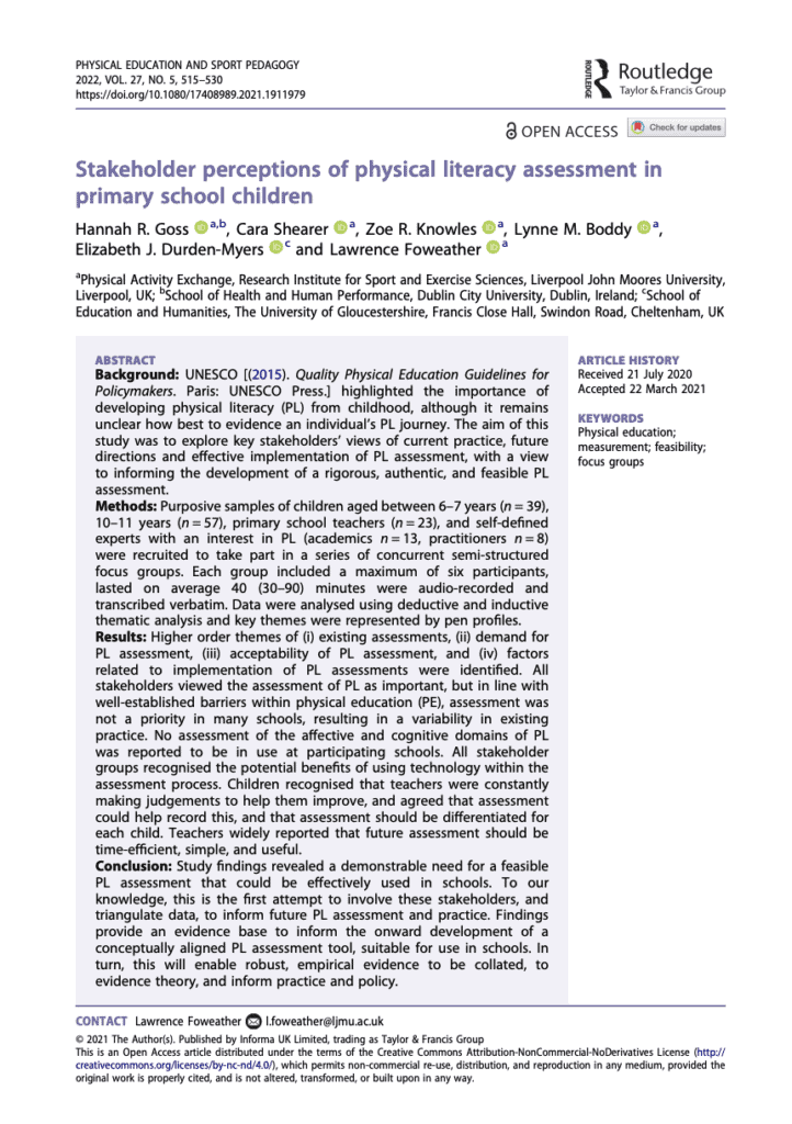 Stakeholder perceptions of physical literacy assessment in primary school children