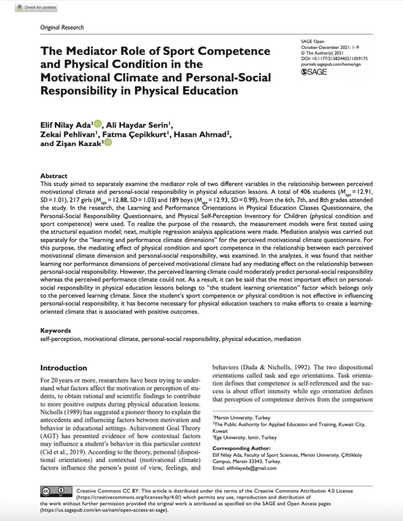 The Mediator Role of Sport Competence and Physical Condition in the Motivational Climate and Personal-Social Responsibility in Physical Education