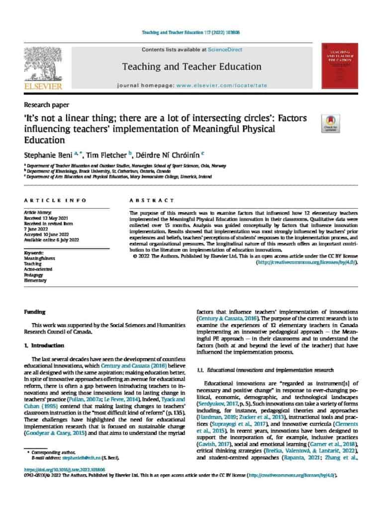 ‘It’s not a linear thing; there are a lot of intersecting circles’: Factors influencing teachers’ implementation of Meaningful Physical Education