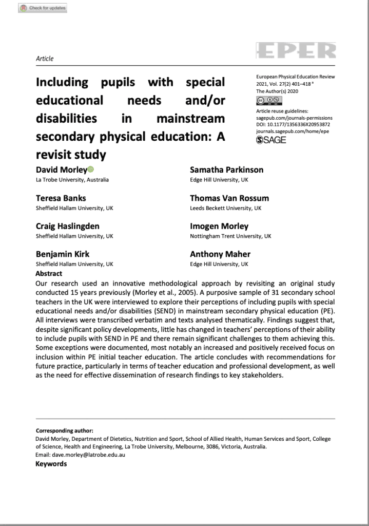 Including pupils with special educational needs and/or disabilities in mainstream secondary physical education: A revisit study