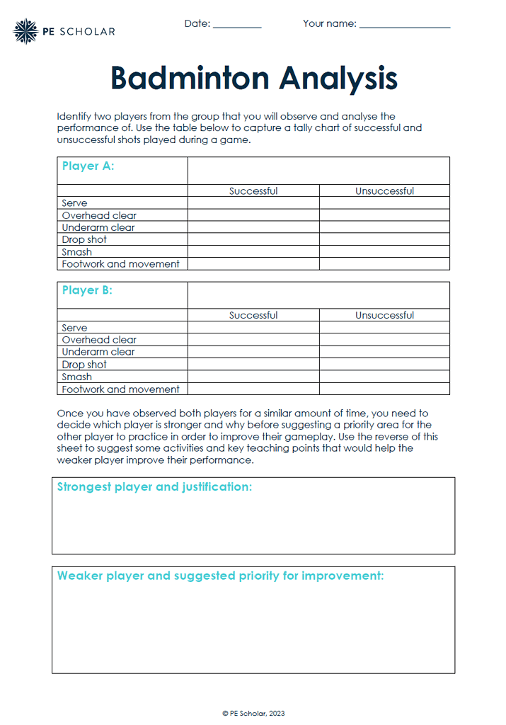 Badminton analysis worksheet